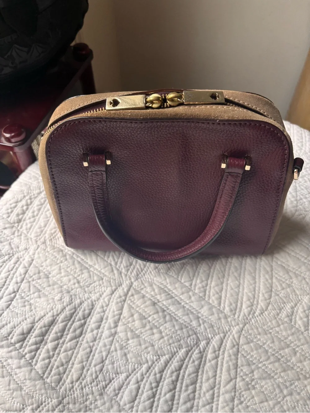 kate spade Burgundy and Beige Leather Dome Satchel with Removable Strap